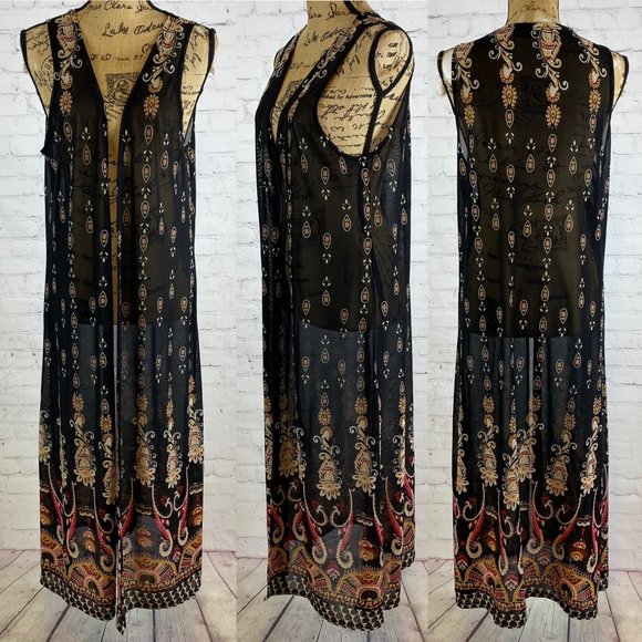 Highness Black Semi Sheer Paisley Print Open Front Long Kimono - Picture 1 of 2